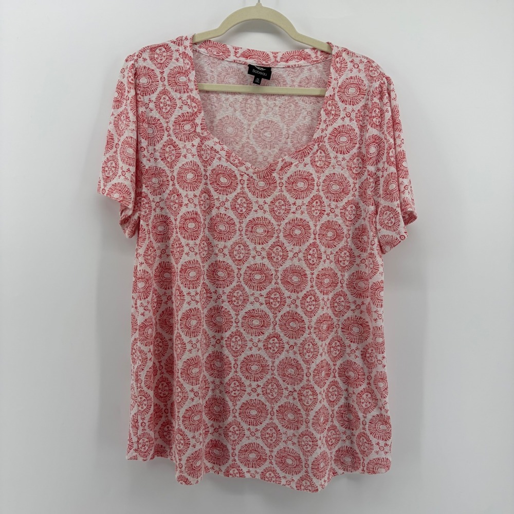 Boboau Women Plus Size 1X Red White Geometric‎ Print V Neck Short Sleeve Blouse